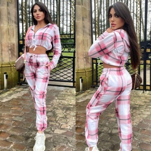 Pants - Pink Plaid Long Sleeve Hooded Crop Top and Joggers Jogger Pants Two Piece Set
